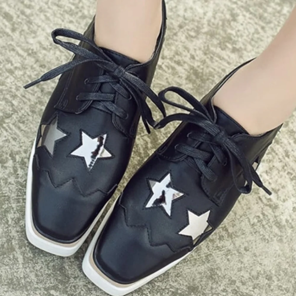 Stylish Black and Gold Women's Platform Shoes, Black w Silver Stars Sz 37(6.5)